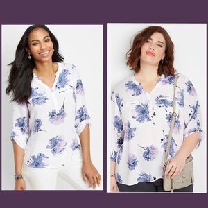 Maurice’s  XXL - Floral V-Neck High-Low Blouse in White and Lavender